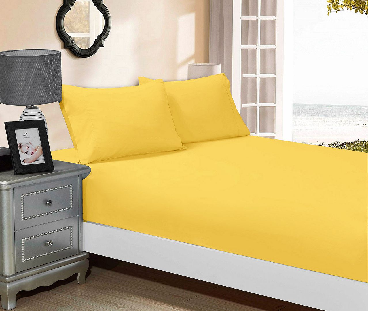 1000TC Ultra Soft Fitted Sheet & 2 Pillowcases Set - Double Size Bed - Yellow - Newstart Furniture