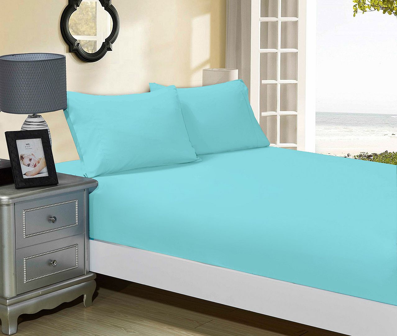 1000TC Ultra Soft Fitted Sheet & 2 Pillowcases Set - King Size Bed - Aqua - Newstart Furniture