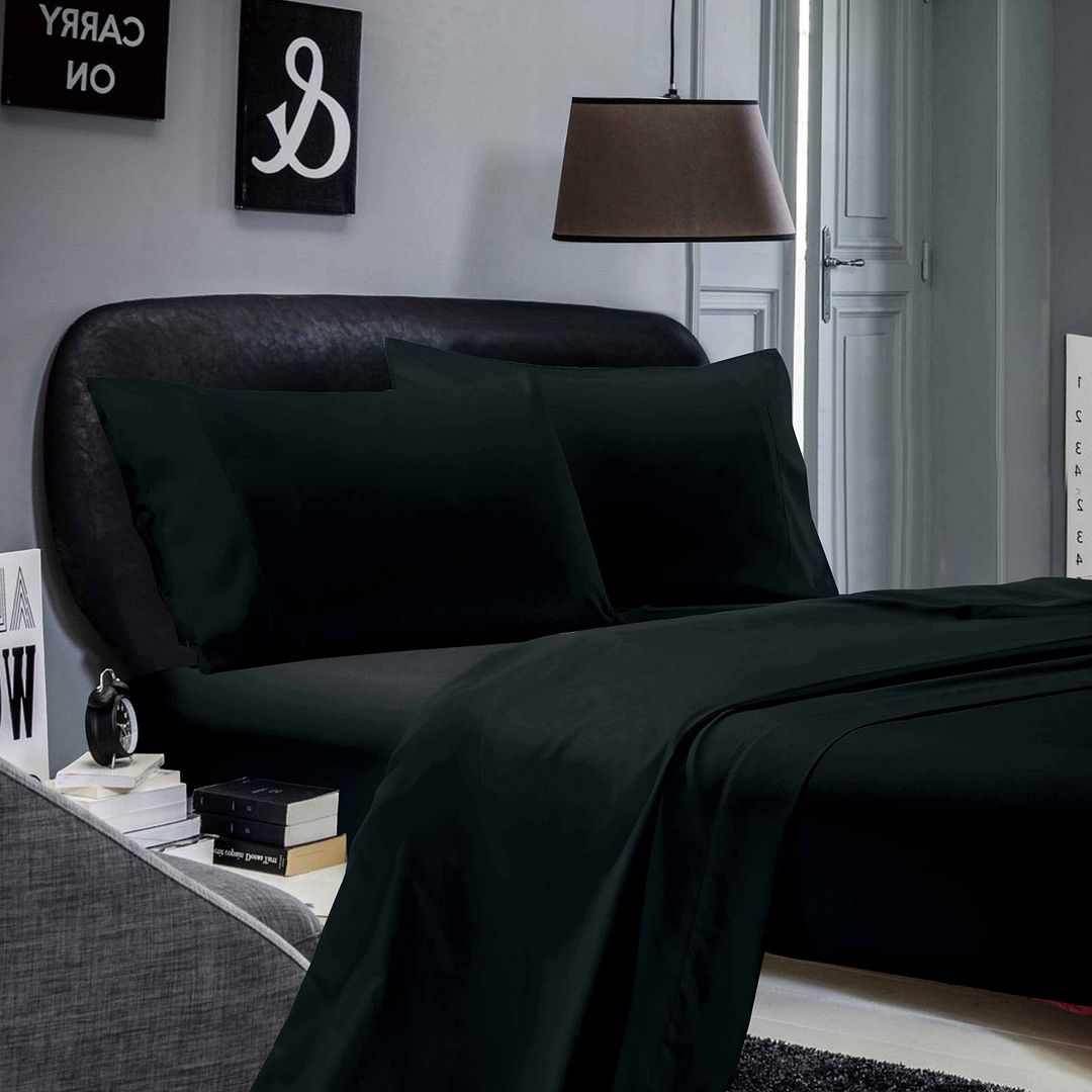 1000TC Ultra Soft Single Size Bed Black Flat & Fitted Sheet Set - Newstart Furniture