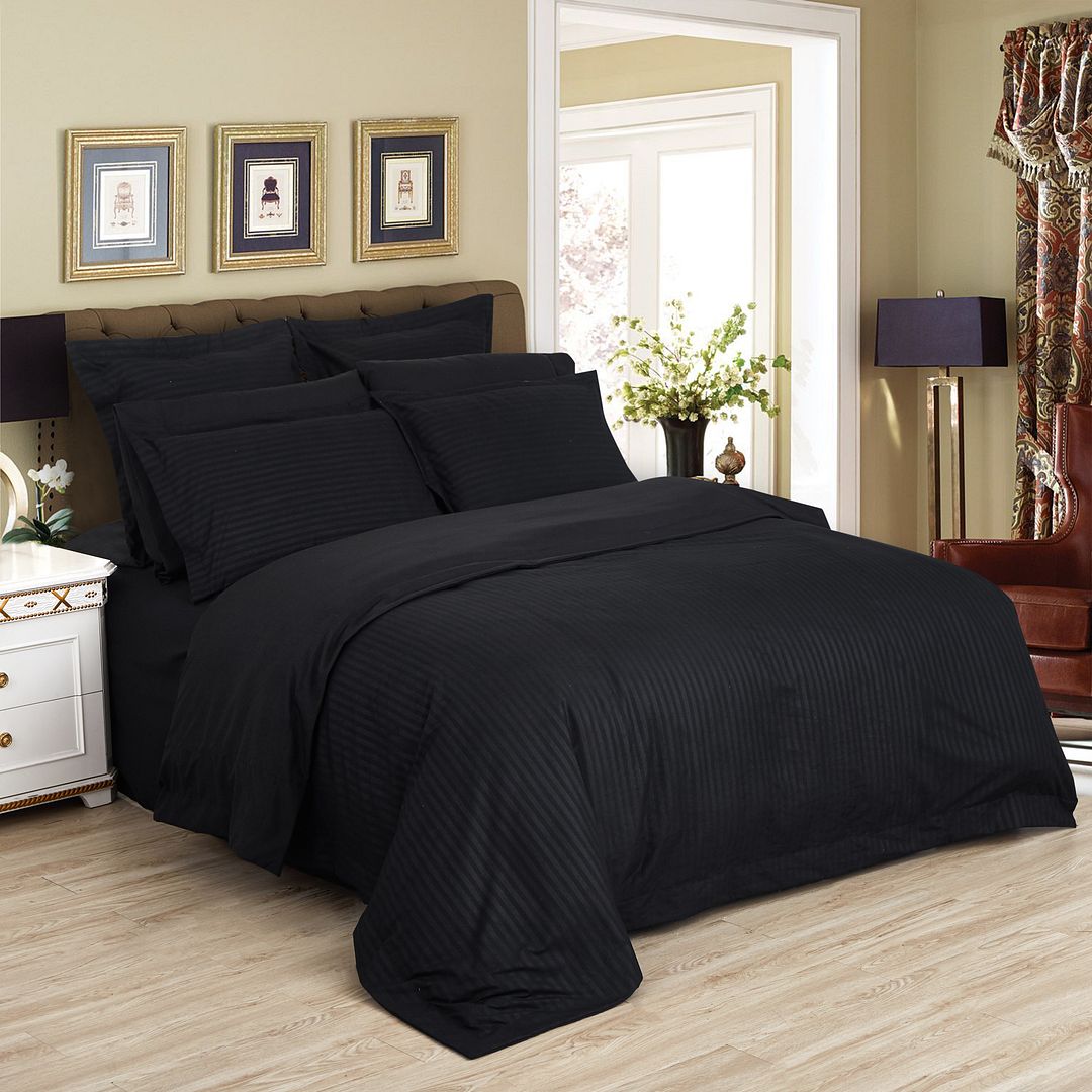 1000TC Ultra Soft Striped King Size Black Duvet Doona Quilt Cover Set - Newstart Furniture