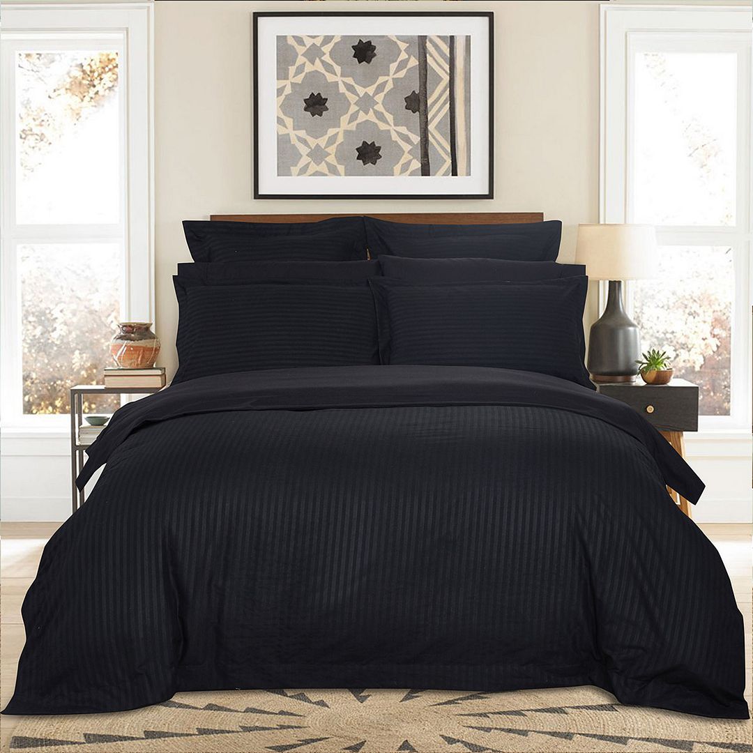 1000TC Ultra Soft Striped King Size Black Duvet Doona Quilt Cover Set - Newstart Furniture