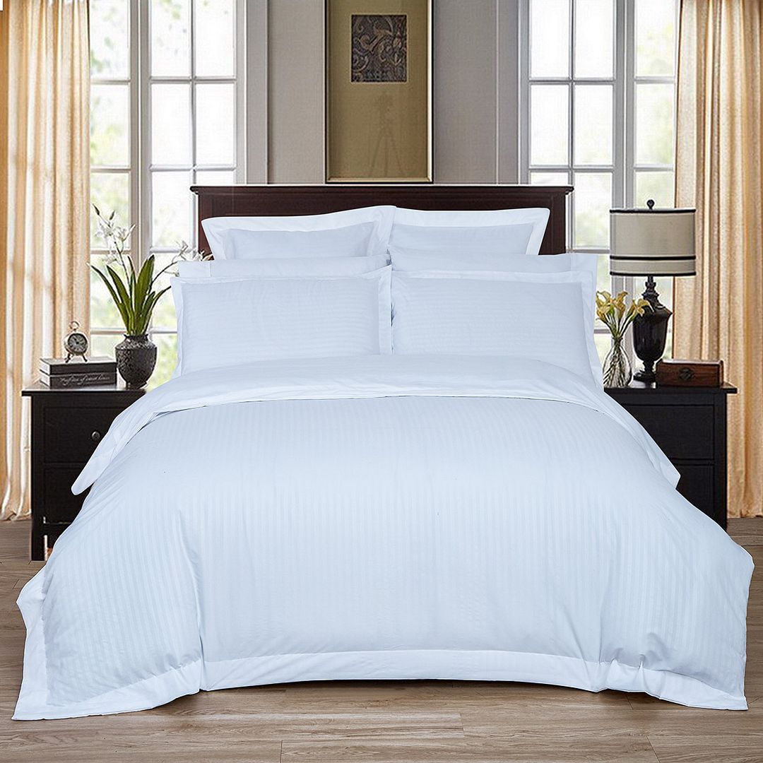 1000TC Ultra Soft Striped King Size White Duvet Doona Quilt Cover Set - Newstart Furniture