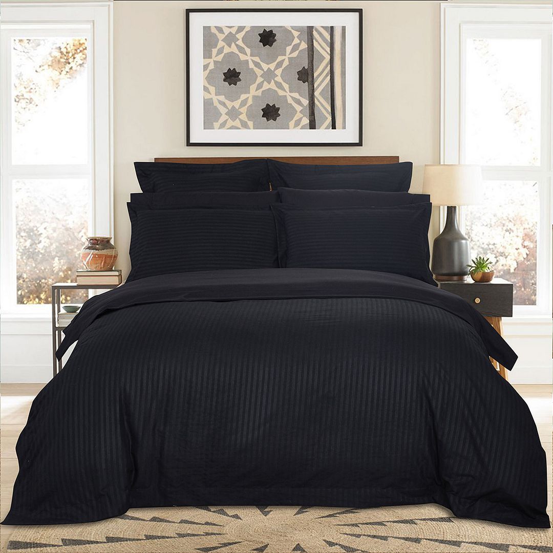 1000TC Ultra Soft Striped Queen Size Black Duvet Doona Quilt Cover Set - Newstart Furniture