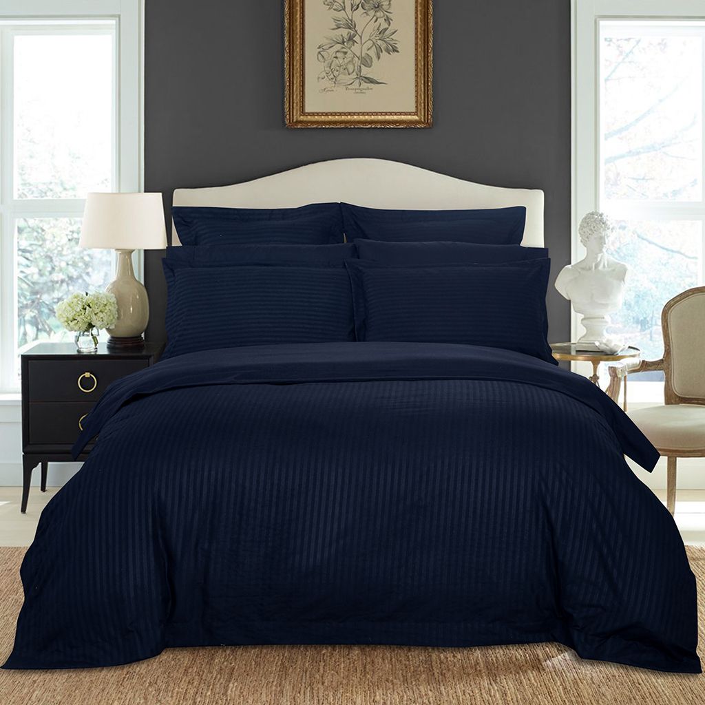 1000TC Ultra Soft Striped Queen Size Midnight Blue Duvet Doona Quilt Cover Set - Newstart Furniture