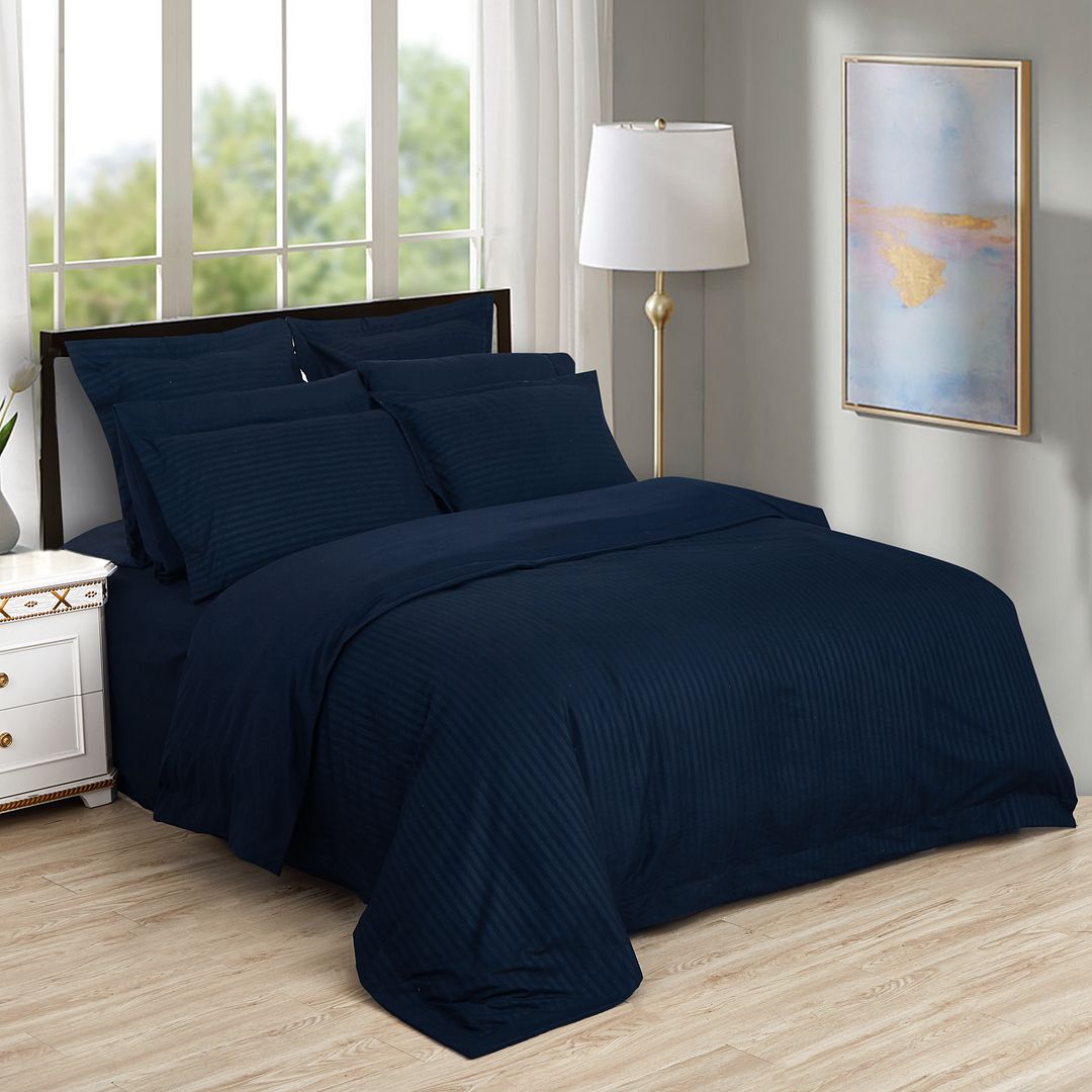 1000TC Ultra Soft Striped Queen Size Midnight Blue Duvet Doona Quilt Cover Set - Newstart Furniture