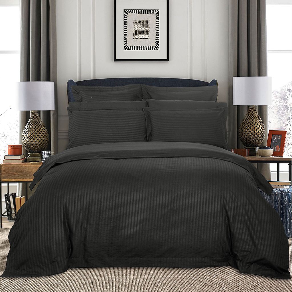 1000TC Ultra Soft Striped Super King Size Charcoal Duvet Doona Quilt Cover Set - Newstart Furniture