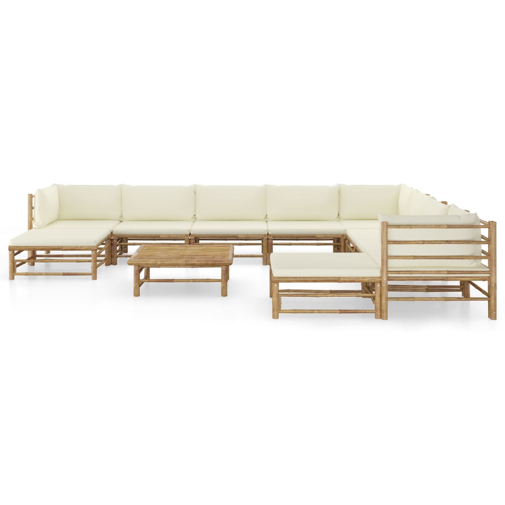 11 Piece Garden Lounge Set with Cream White Cushions Bamboo - Newstart Furniture