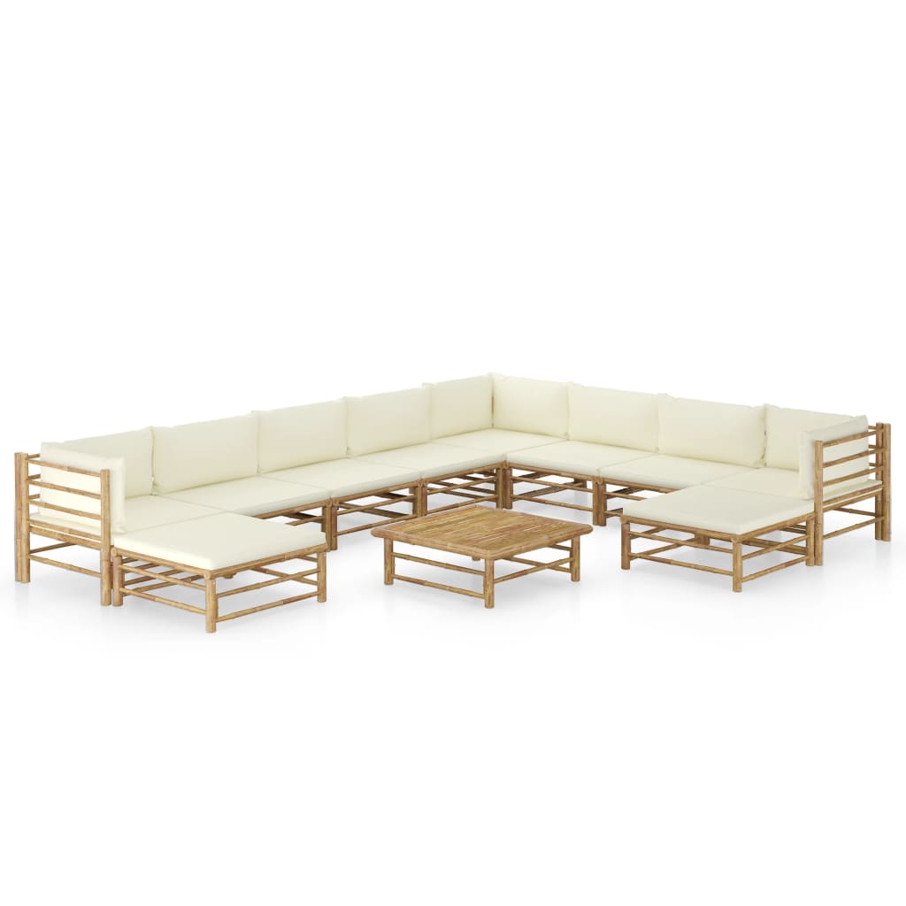 11 Piece Garden Lounge Set with Cream White Cushions Bamboo - Newstart Furniture