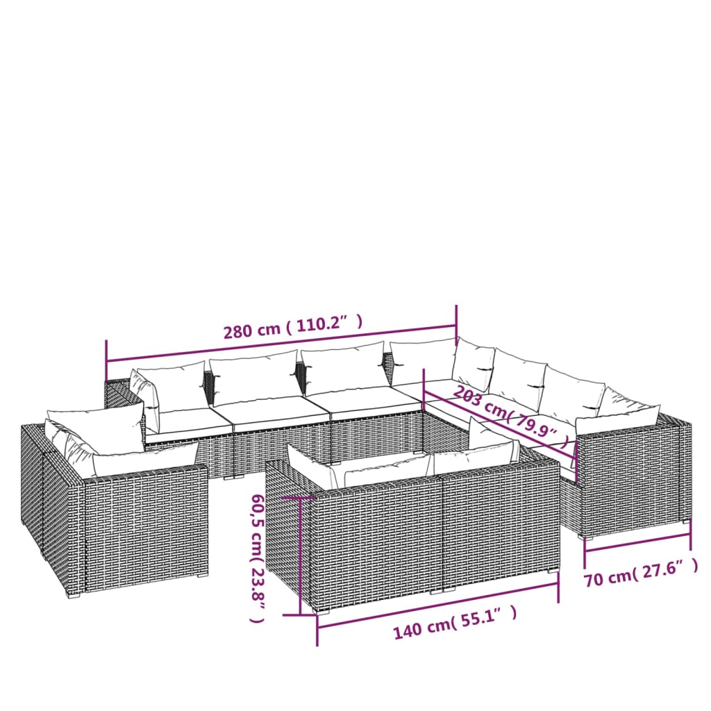 11 Piece Garden Lounge Set with Cushions Grey Poly Rattan - Newstart Furniture