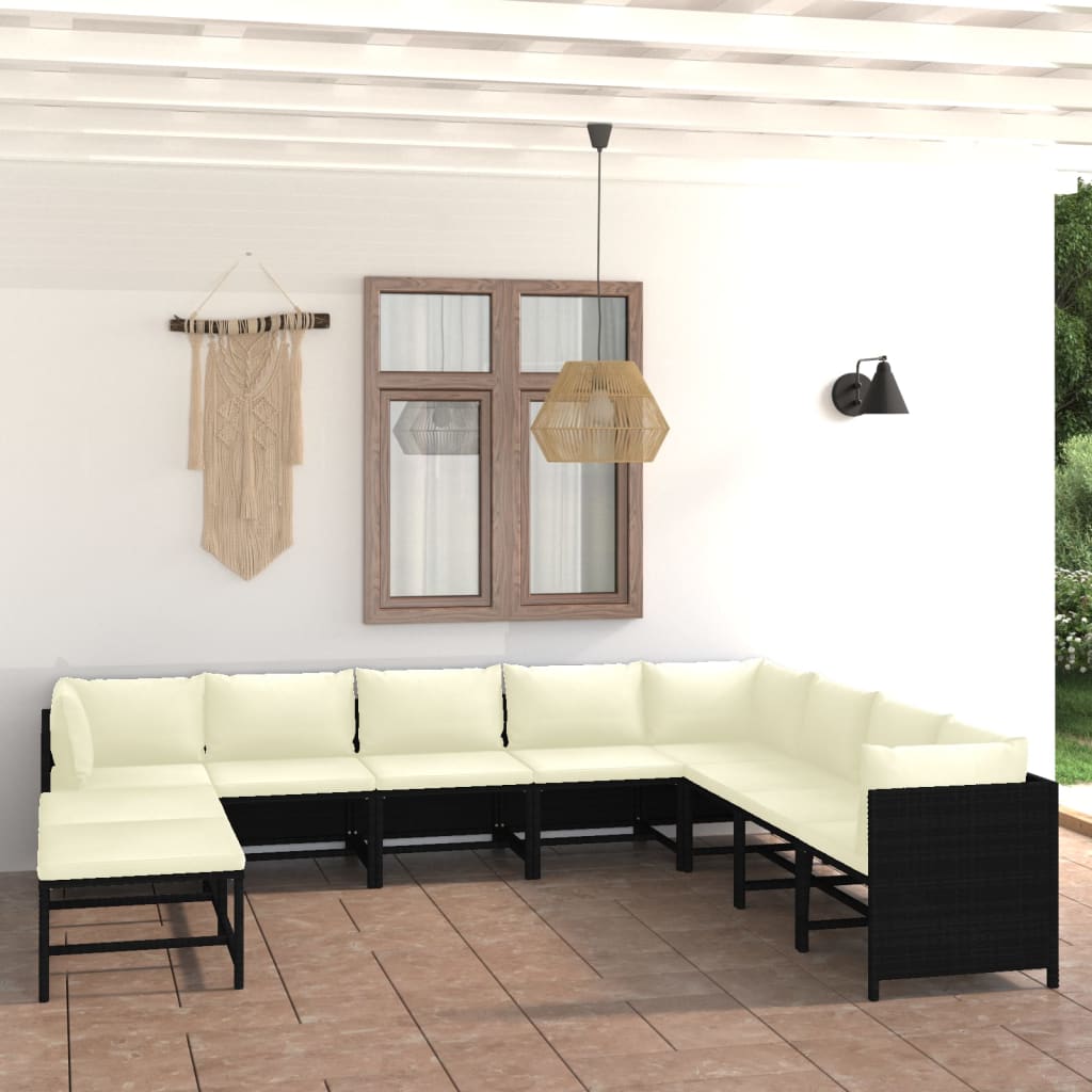 11 Piece Garden Lounge Set with Cushions Poly Rattan Black - Newstart Furniture