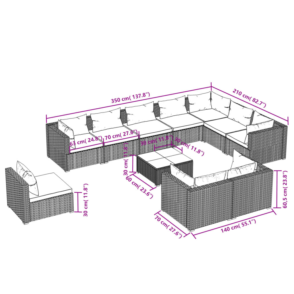 11 Piece Garden Lounge Set with Cushions Poly Rattan Brown - Newstart Furniture