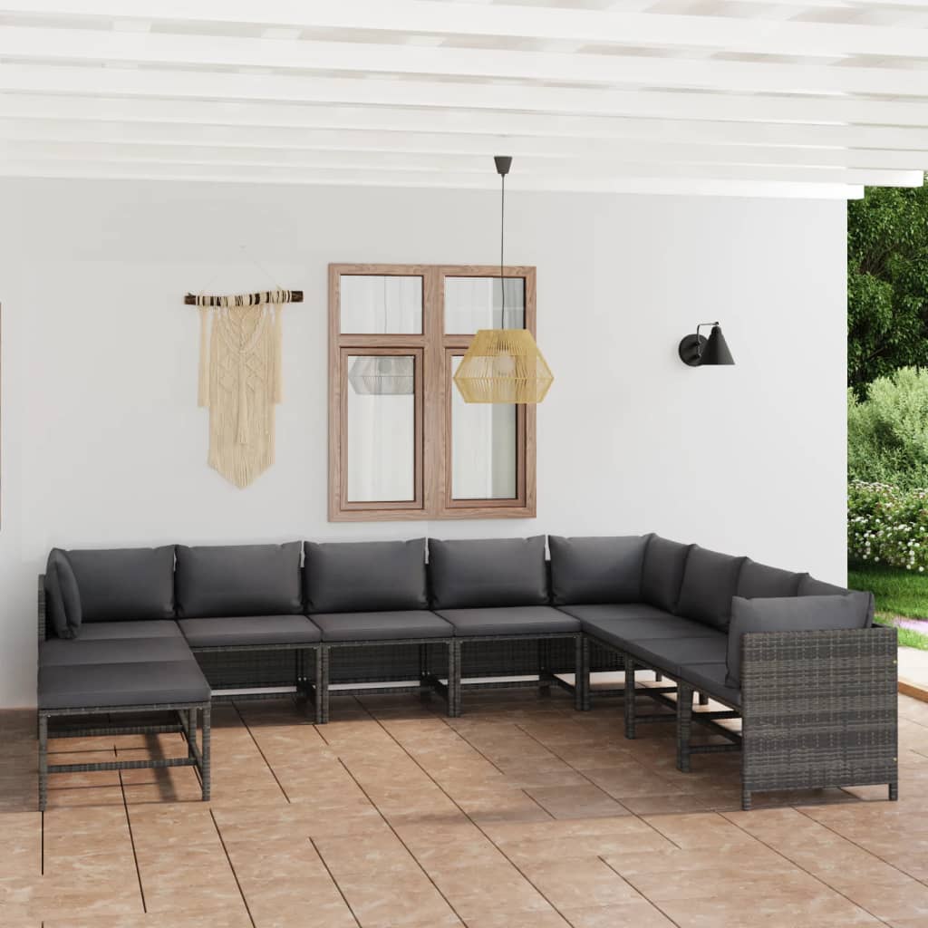 11 Piece Garden Lounge Set with Cushions Poly Rattan Grey - Newstart Furniture