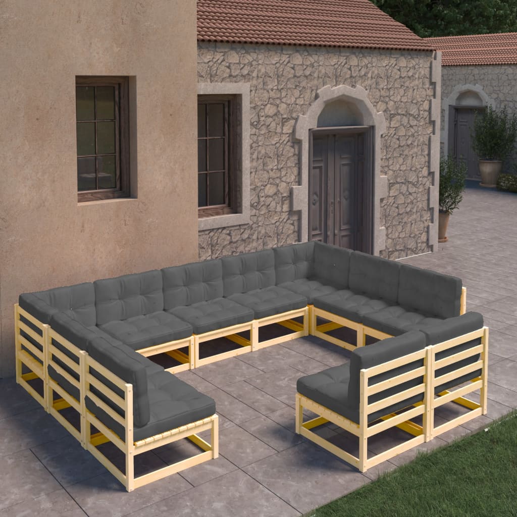 11 Piece Garden Lounge Set with Cushions Solid Pinewood - Newstart Furniture