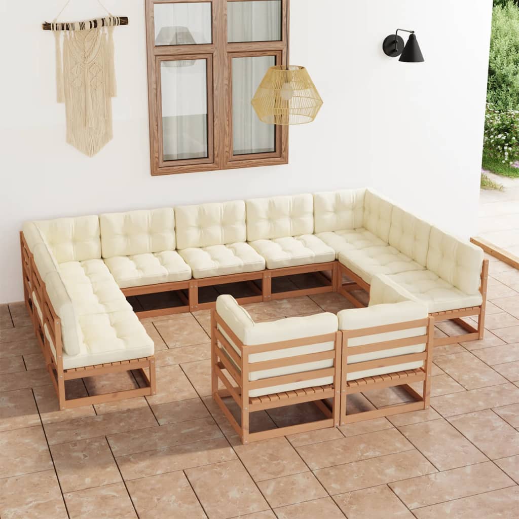 11 Piece Garden Lounge Set&Cushions Honey Brown Solid Pinewood - Newstart Furniture