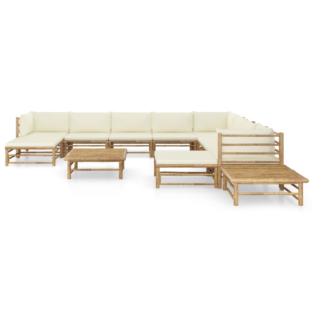 12 Piece Garden Lounge Set with Cream White Cushions Bamboo - Newstart Furniture