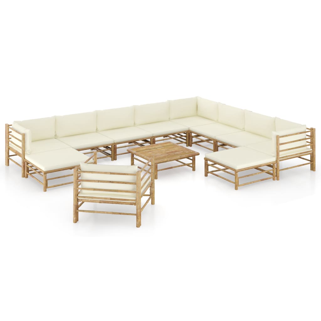 12 Piece Garden Lounge Set with Cream White Cushions Bamboo - Newstart Furniture