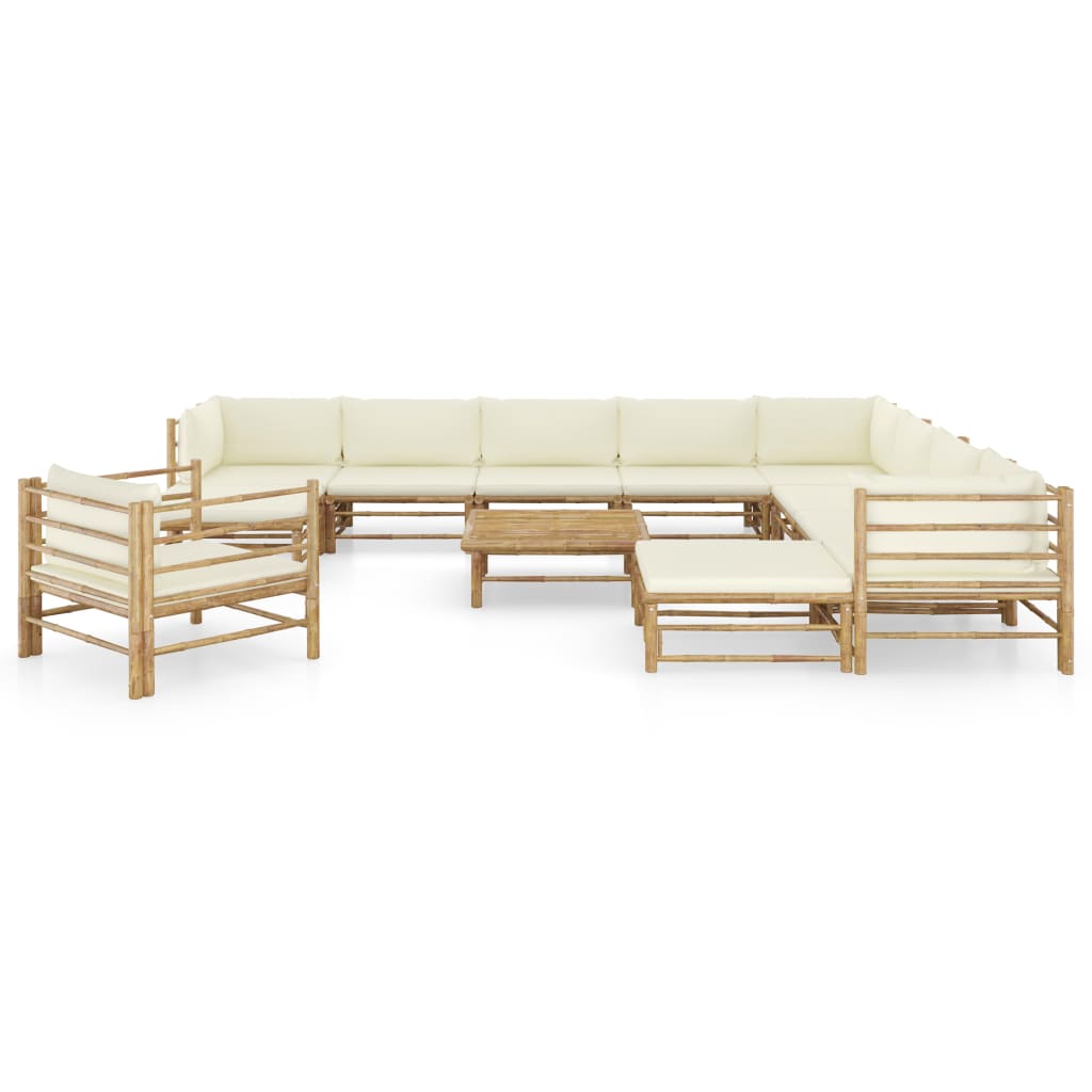 12 Piece Garden Lounge Set with Cream White Cushions Bamboo - Newstart Furniture