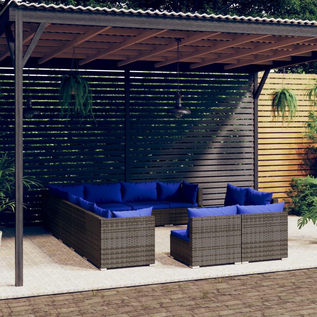 12 Piece Garden Lounge Set with Cushions Grey Poly Rattan - Newstart Furniture