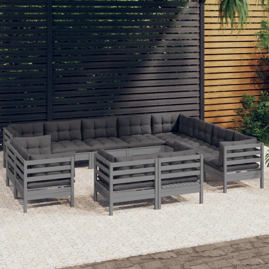 12 Piece Garden Lounge Set with Cushions Grey Solid Pinewood - Newstart Furniture