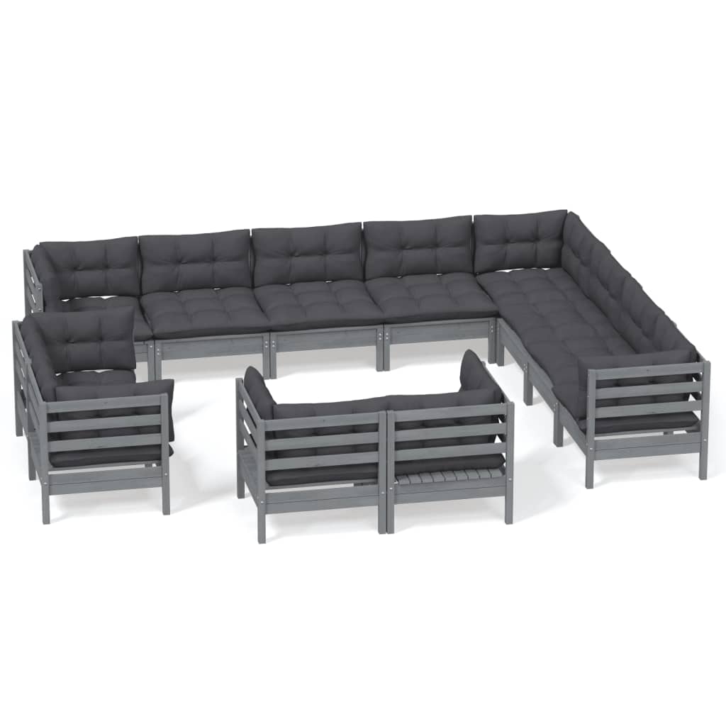 12 Piece Garden Lounge Set with Cushions Grey Solid Pinewood - Newstart Furniture