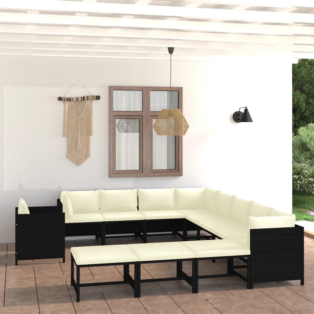 12 Piece Garden Lounge Set with Cushions Poly Rattan Black - Newstart Furniture