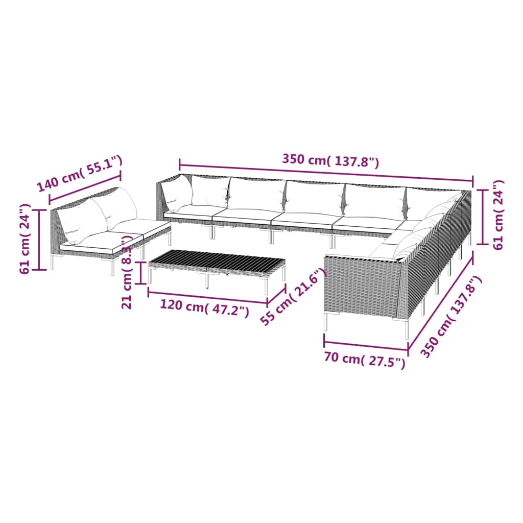 12 Piece Garden Lounge Set with Cushions Poly Rattan Dark Grey - Newstart Furniture