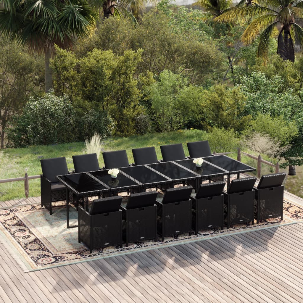 13 Piece Garden Dining Set with Cushions Poly Rattan Black - Newstart Furniture