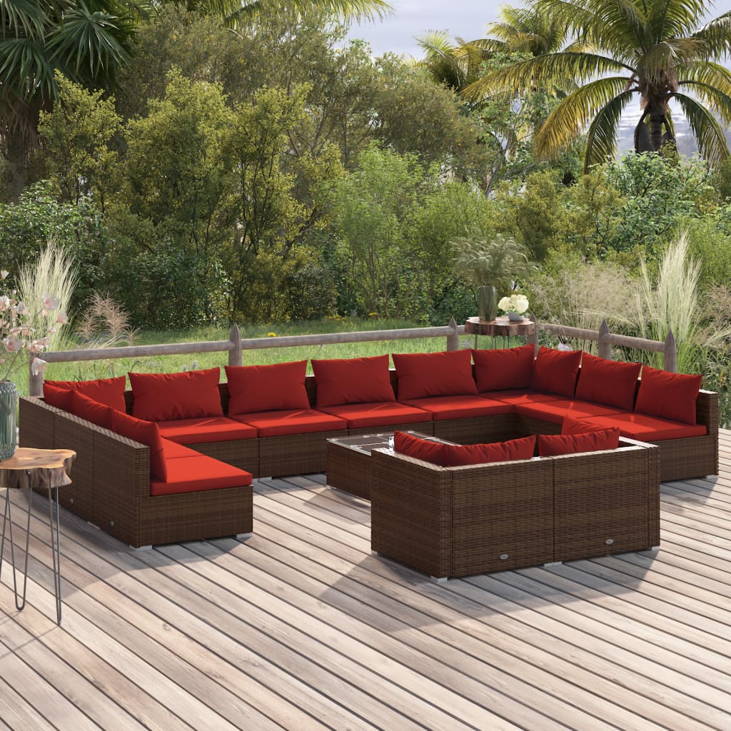 13 Piece Garden Lounge Set with Cushions Brown Poly Rattan - Newstart Furniture