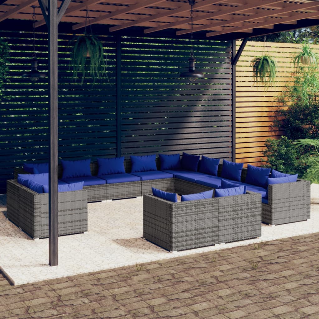 13 Piece Garden Lounge Set with Cushions Grey Poly Rattan - Newstart Furniture