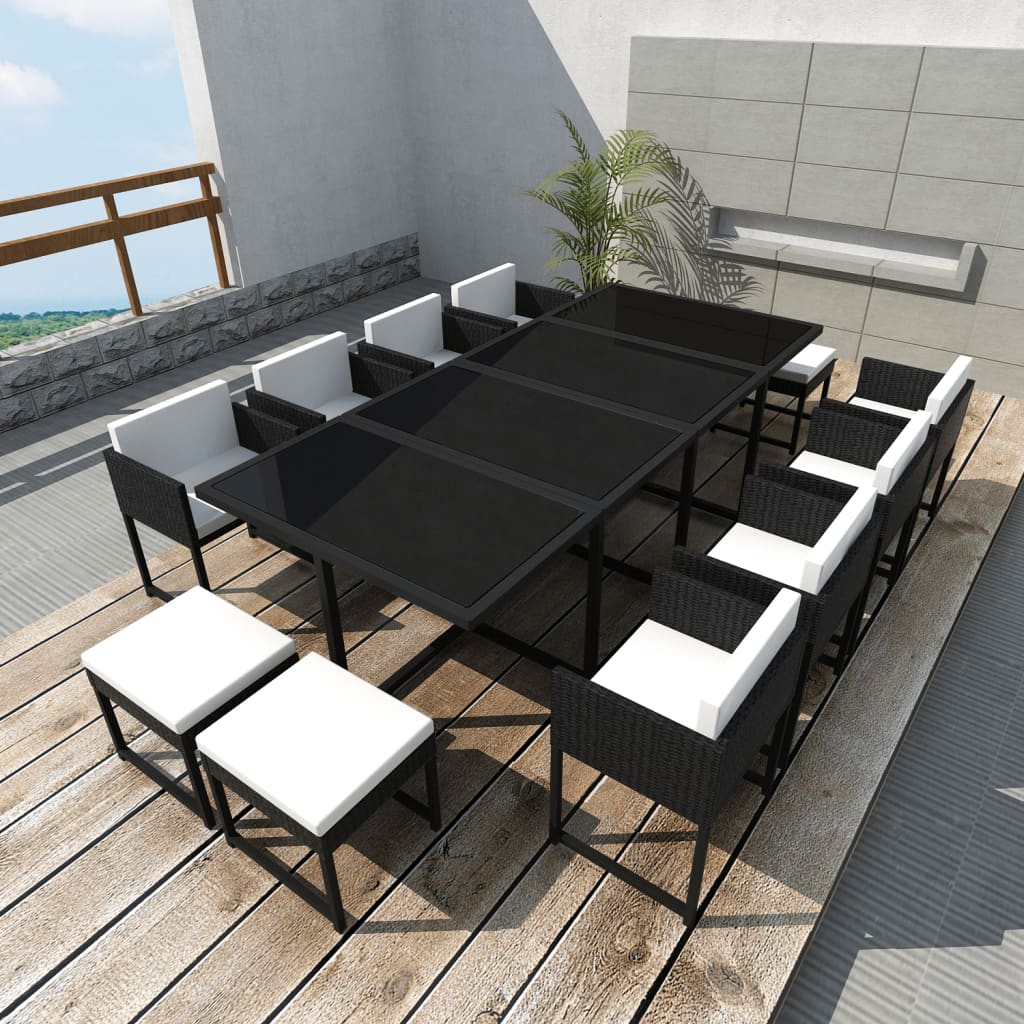 13 Piece Outdoor Dining Set with Cushions Poly Rattan Black - Newstart Furniture