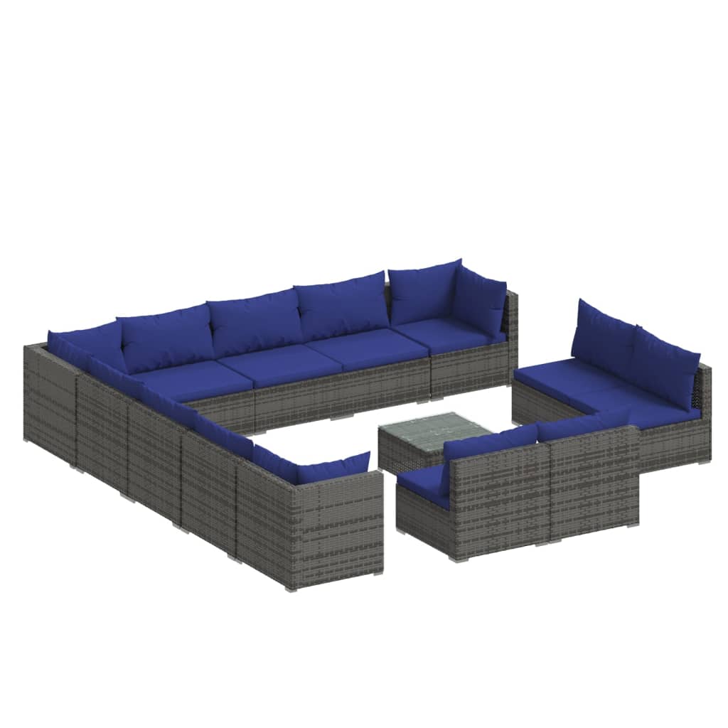 14 Piece Garden Lounge Set with Cushions Grey Poly Rattan - Newstart Furniture