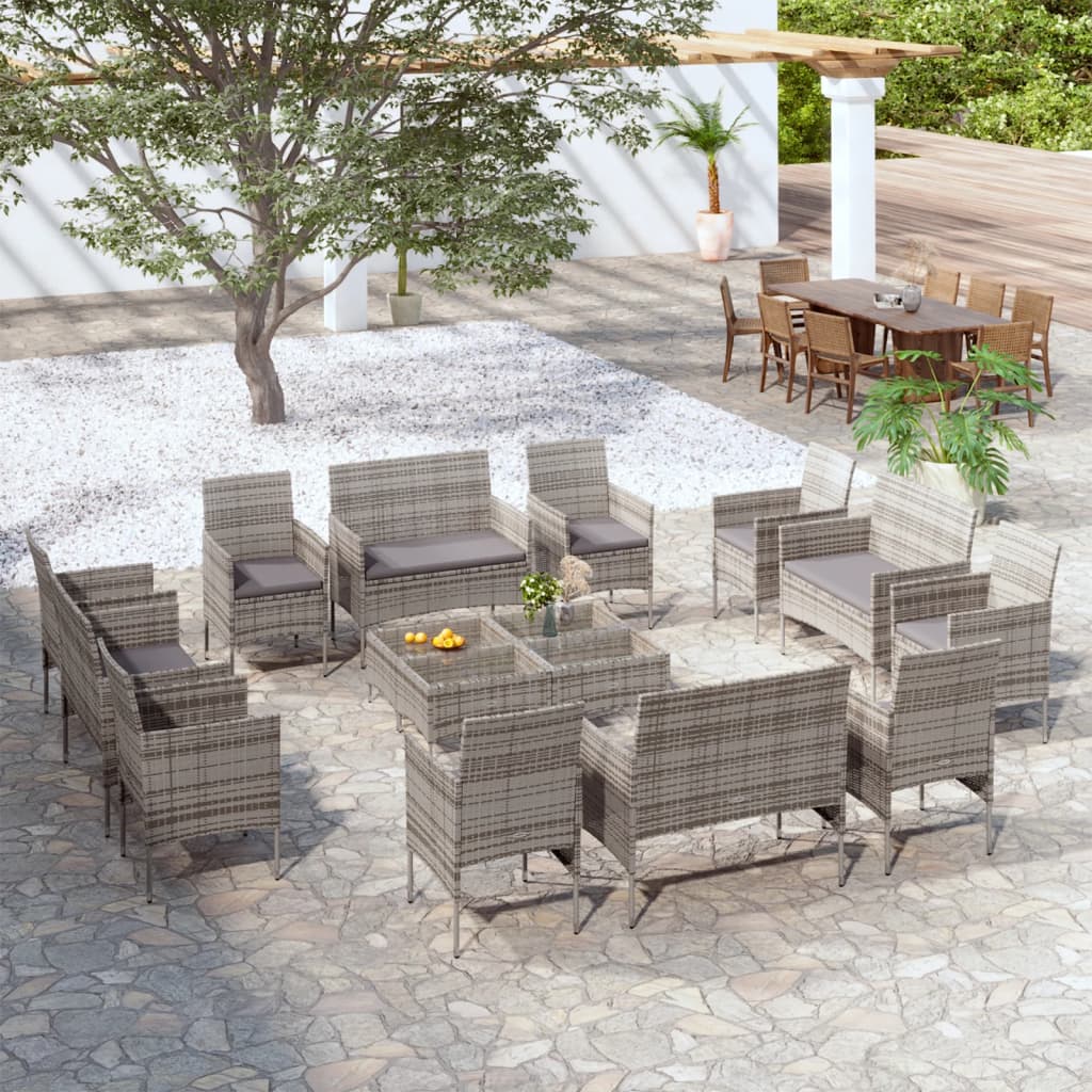 16 Piece Garden Lounge Set with Cushions Poly Rattan Grey - Newstart Furniture