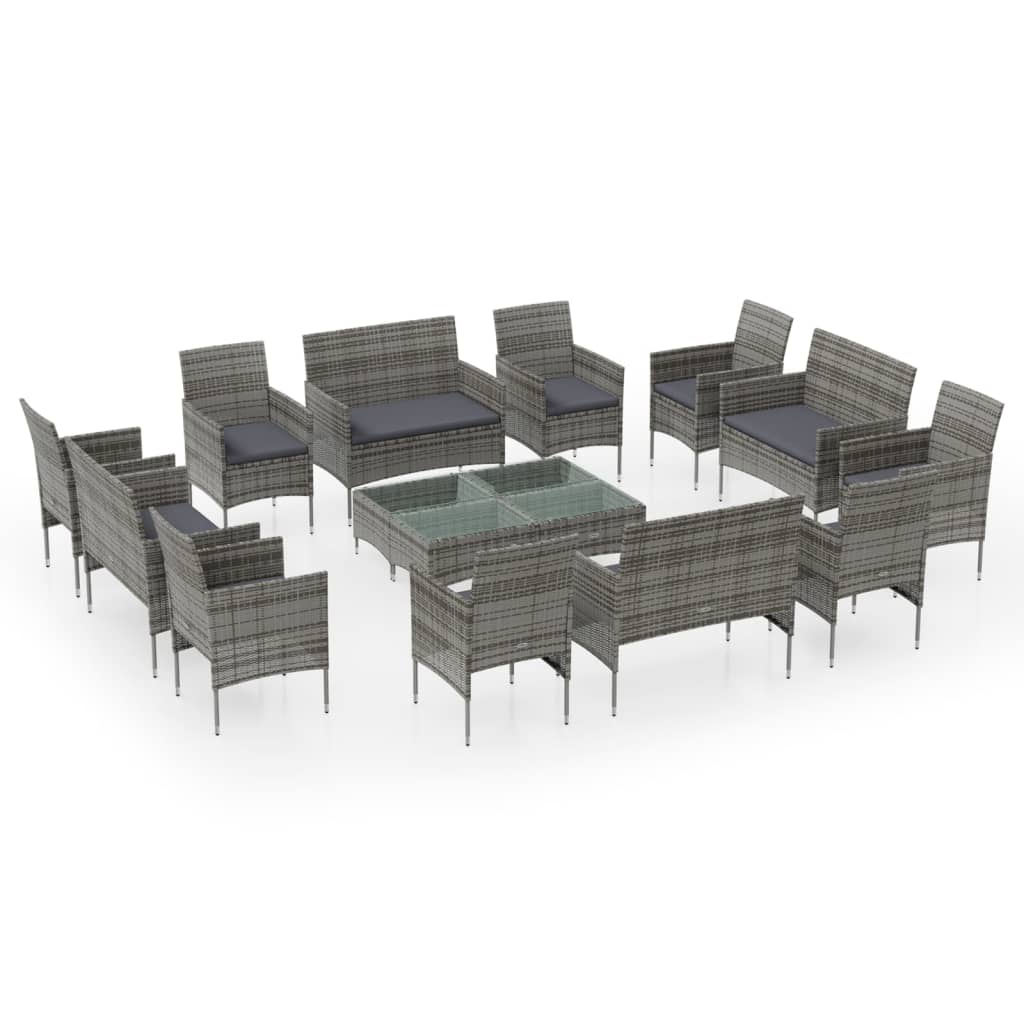 16 Piece Garden Lounge Set with Cushions Poly Rattan Grey - Newstart Furniture