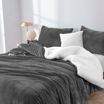 2 in 1 teddy sherpa duvet cover set and blanket queen charcoal - Newstart Furniture