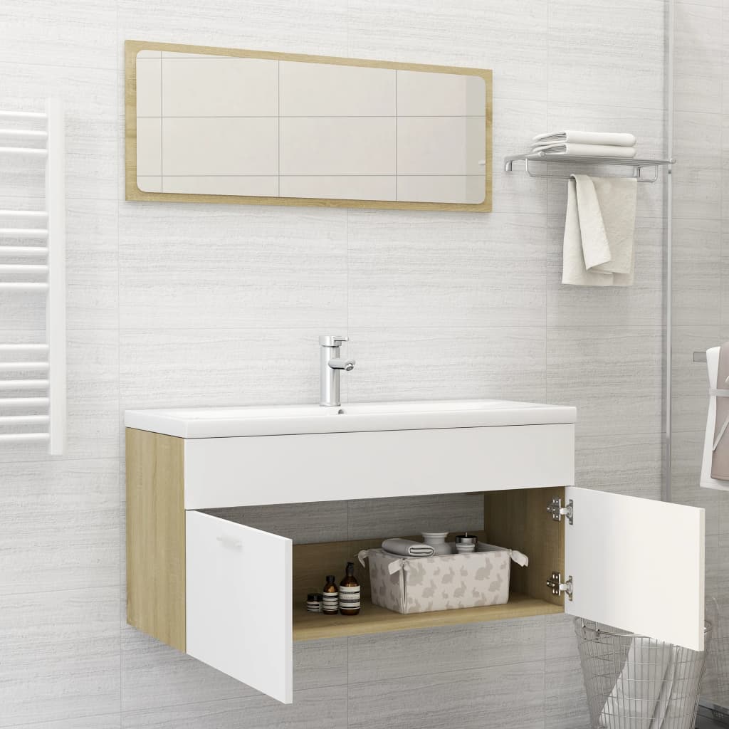 2 Piece Bathroom Furniture Set White and Sonoma Oak Engineered Wood - Newstart Furniture