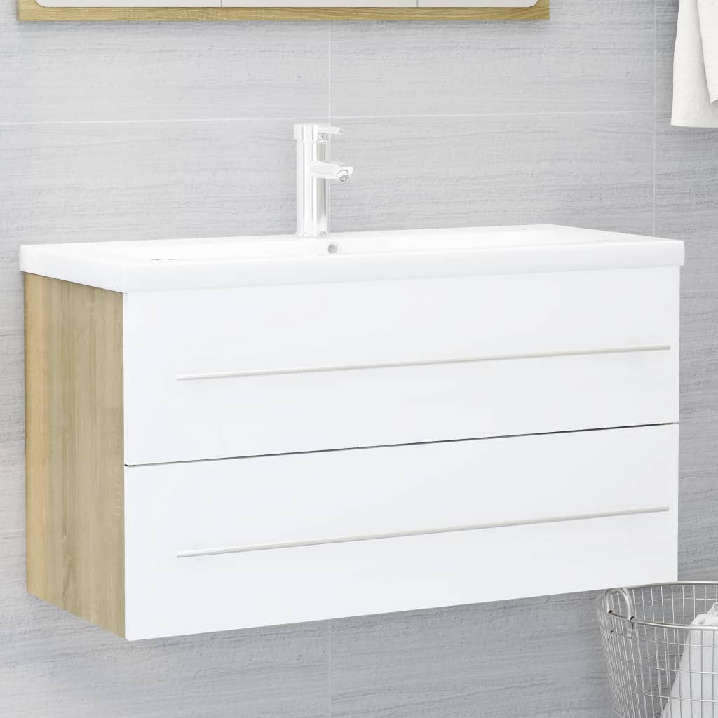 2 Piece Bathroom Furniture Set White and Sonoma Oak Engineered Wood - Newstart Furniture