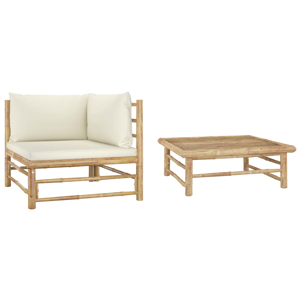 2 Piece Garden Lounge Set with Cream White Cushions Bamboo - Newstart Furniture