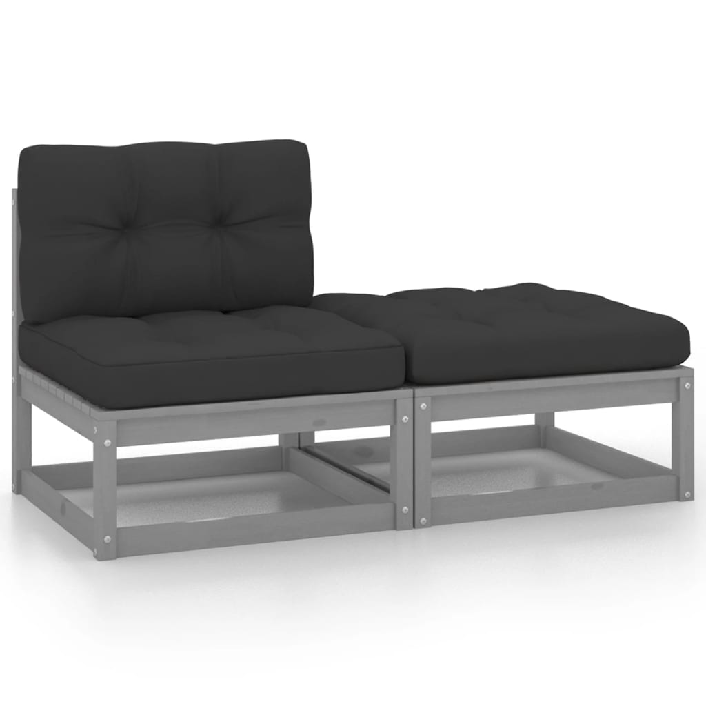 2 Piece Garden Lounge Set with Cushions Grey Solid Pinewood - Newstart Furniture