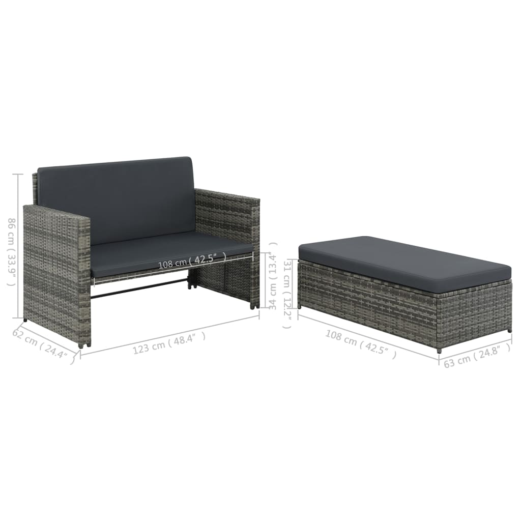 2 Piece Garden Lounge Set with Cushions Poly Rattan Grey - Newstart Furniture