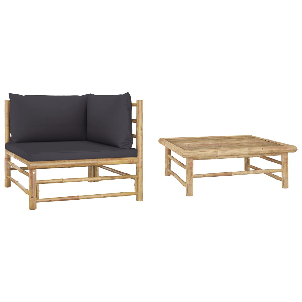 2 Piece Garden Lounge Set with Dark Grey Cushions Bamboo - Newstart Furniture