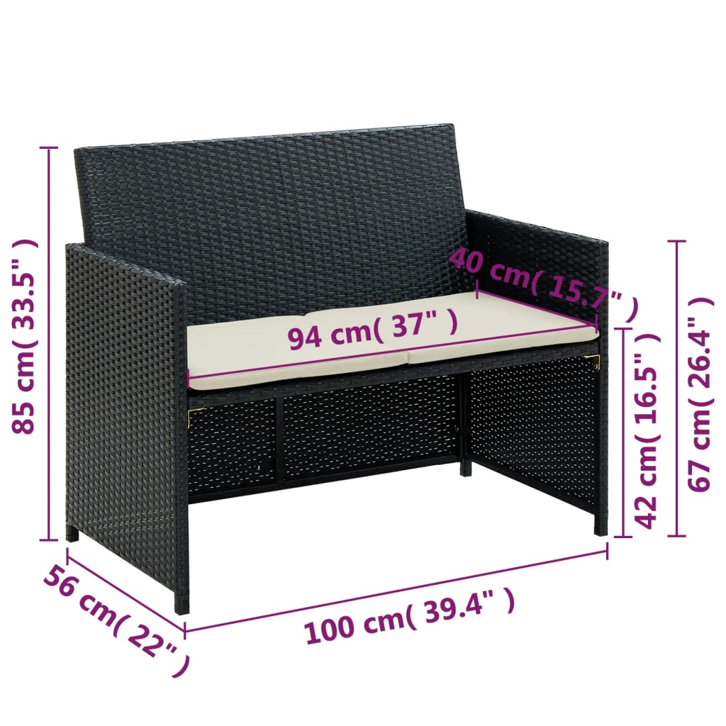 2 Seater Garden Sofa with Cushions Black Poly Rattan - Newstart Furniture