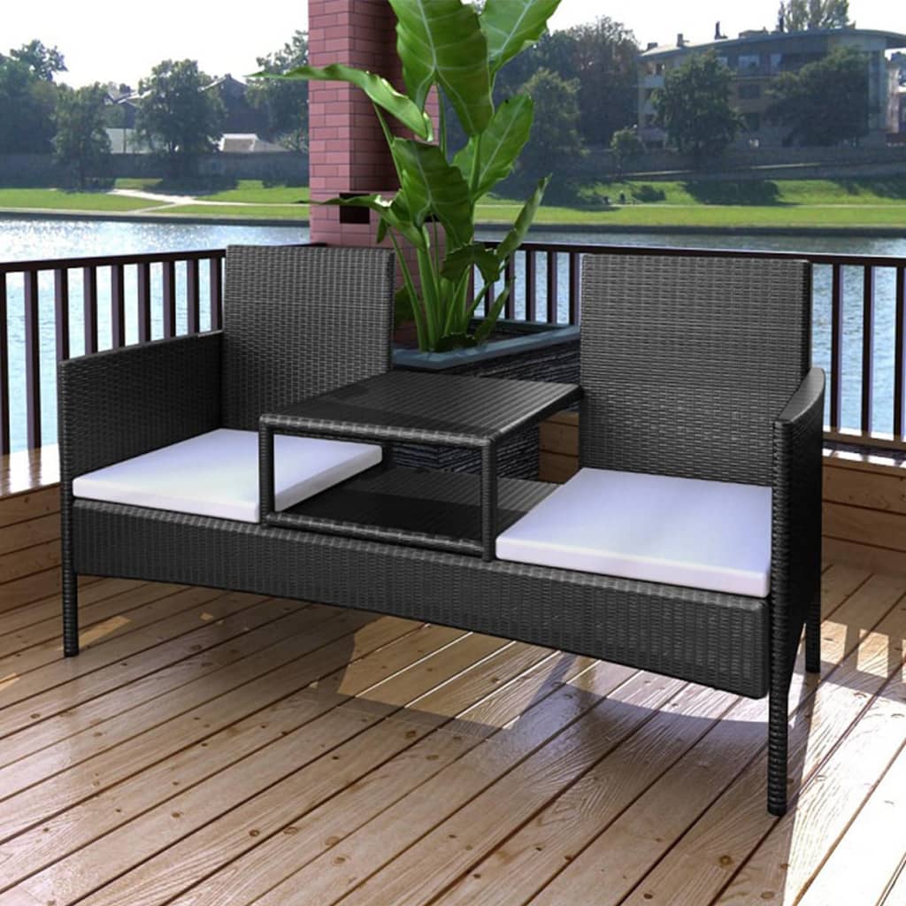 2-Seater Garden Sofa with Tea Table Poly Rattan Black - Newstart Furniture