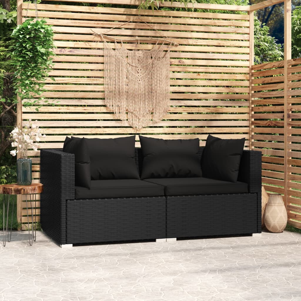 2-Seater Sofa with Cushions Black Poly Rattan - Newstart Furniture
