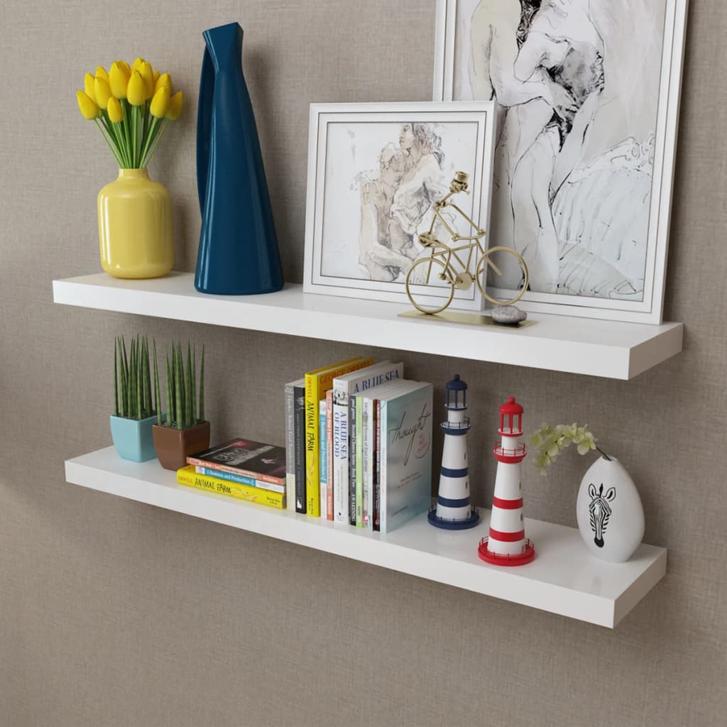 2 White MDF Floating Wall Display Shelves Book/DVD Storage - Newstart Furniture