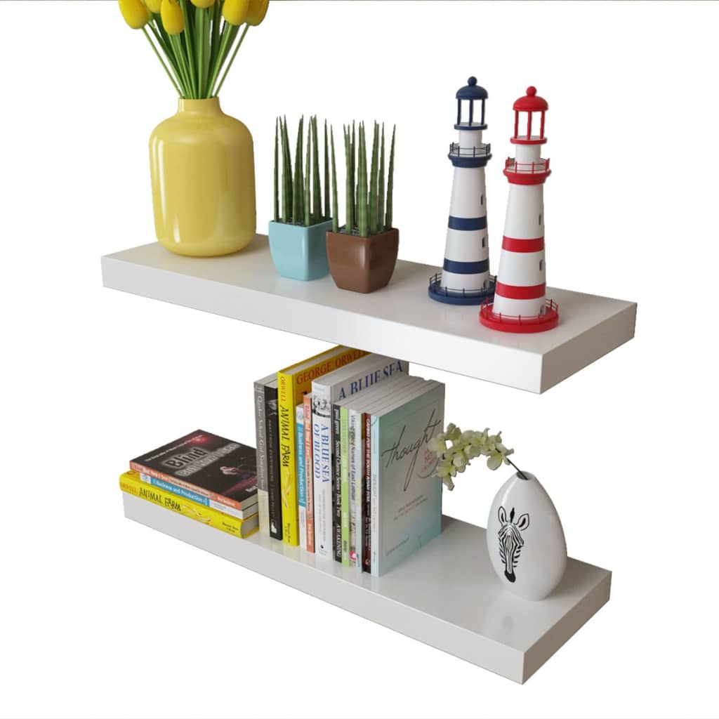 2 White MDF Floating Wall Display Shelves Book/DVD Storage - Newstart Furniture