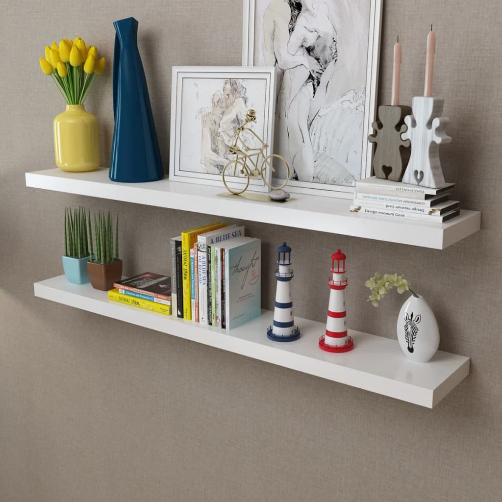 2 White MDF Floating Wall Display Shelves Book/DVD Storage - Newstart Furniture