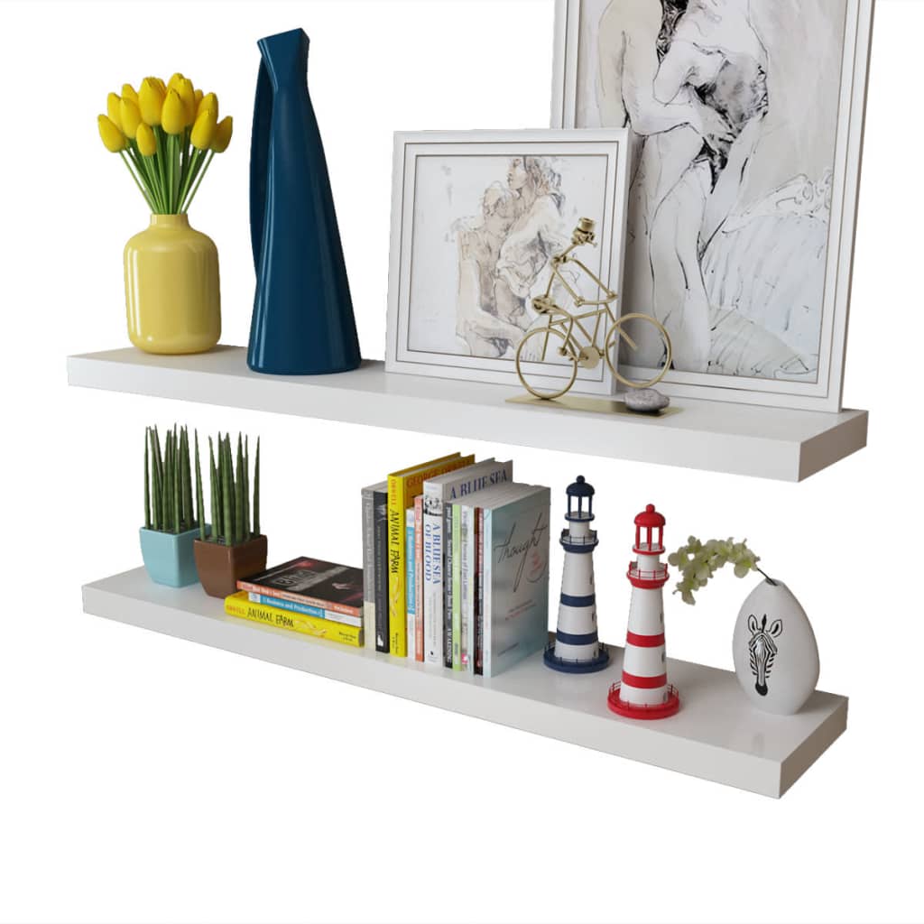 2 White MDF Floating Wall Display Shelves Book/DVD Storage - Newstart Furniture