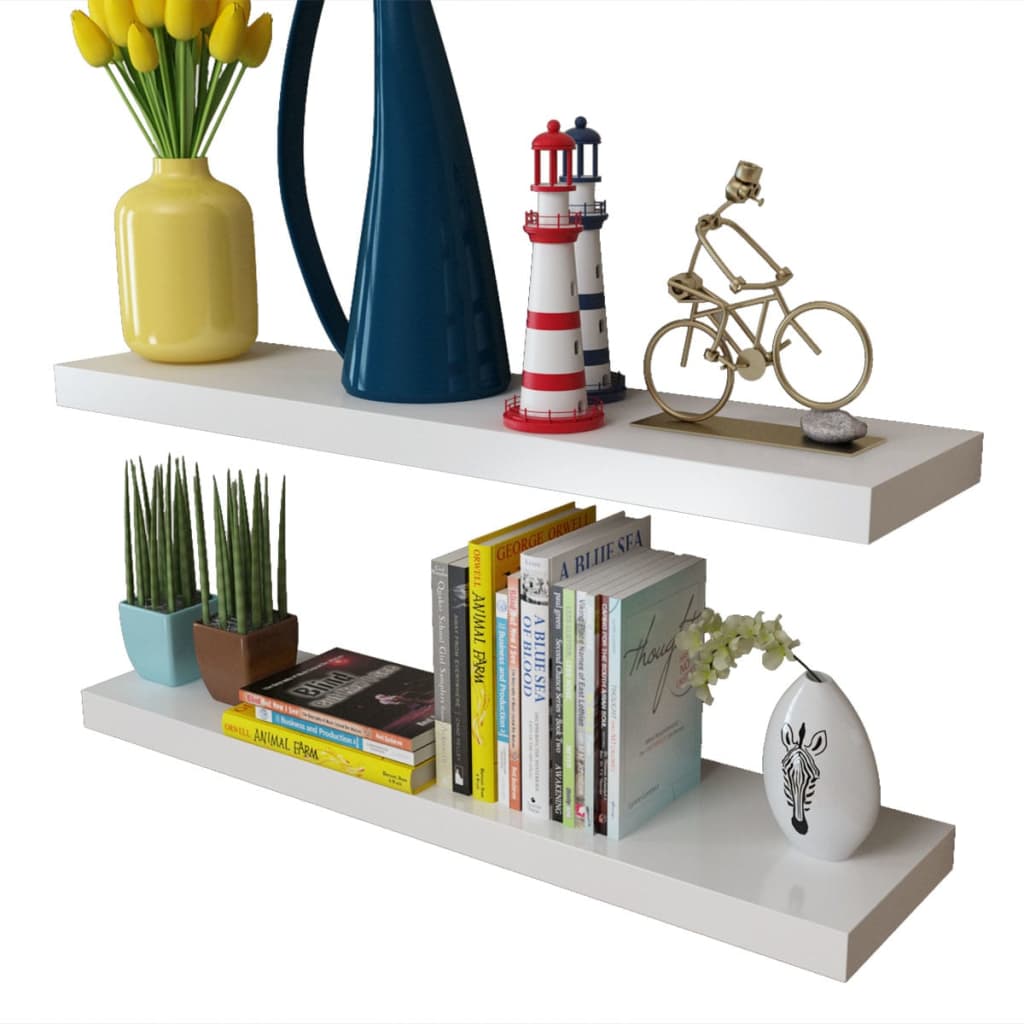 2 White MDF Floating Wall Display Shelves Book/DVD Storage - Newstart Furniture
