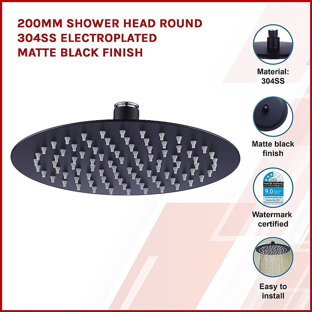 200mm Shower Head Round 304SS Electroplated Matte Black Finish - Newstart Furniture