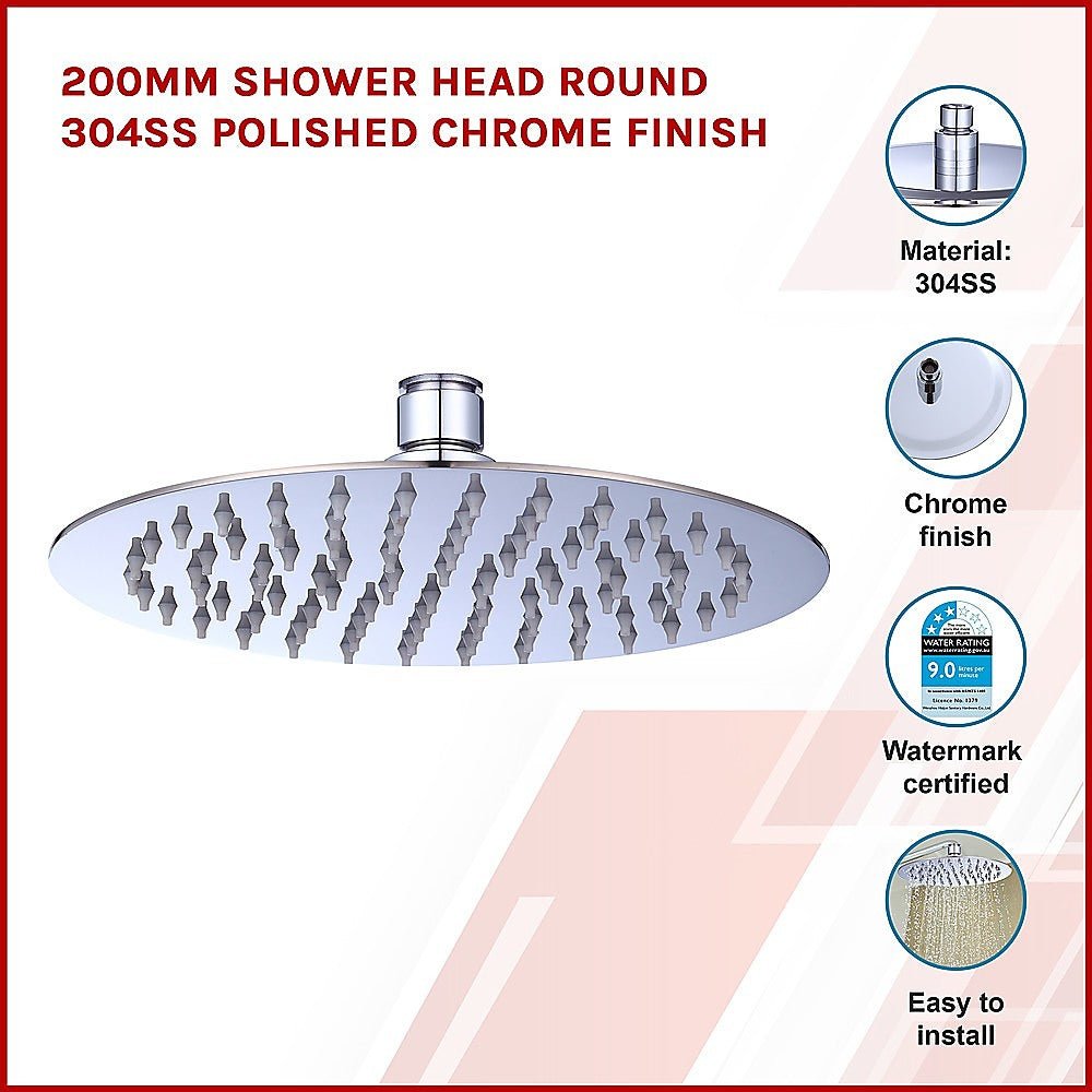 200mm Shower Head Round 304SS Polished Chrome Finish - Newstart Furniture